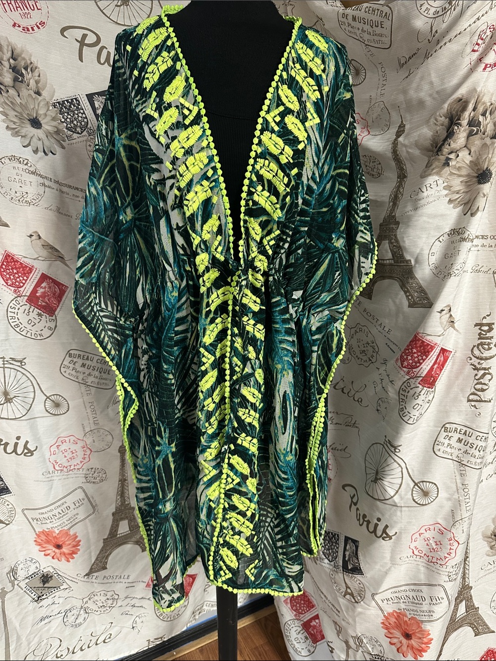 Tropical Leaf Neon-Trim Swim Coverup - Green/Yellow
